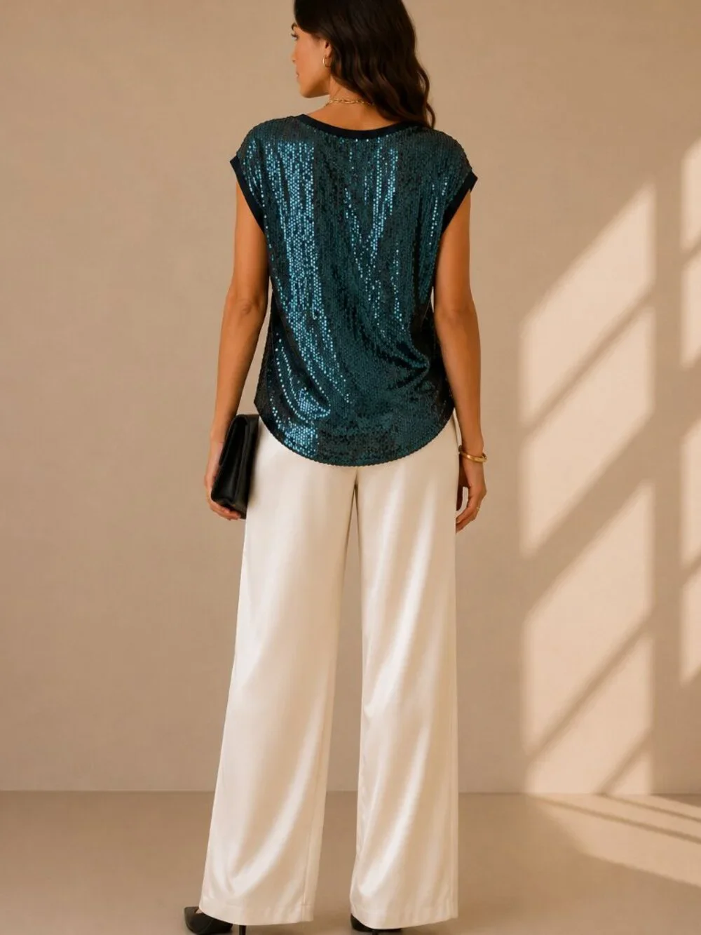 Tory Burch Teal Black Allover Sequin Top Relaxed Fit Silk Trim Size XS
